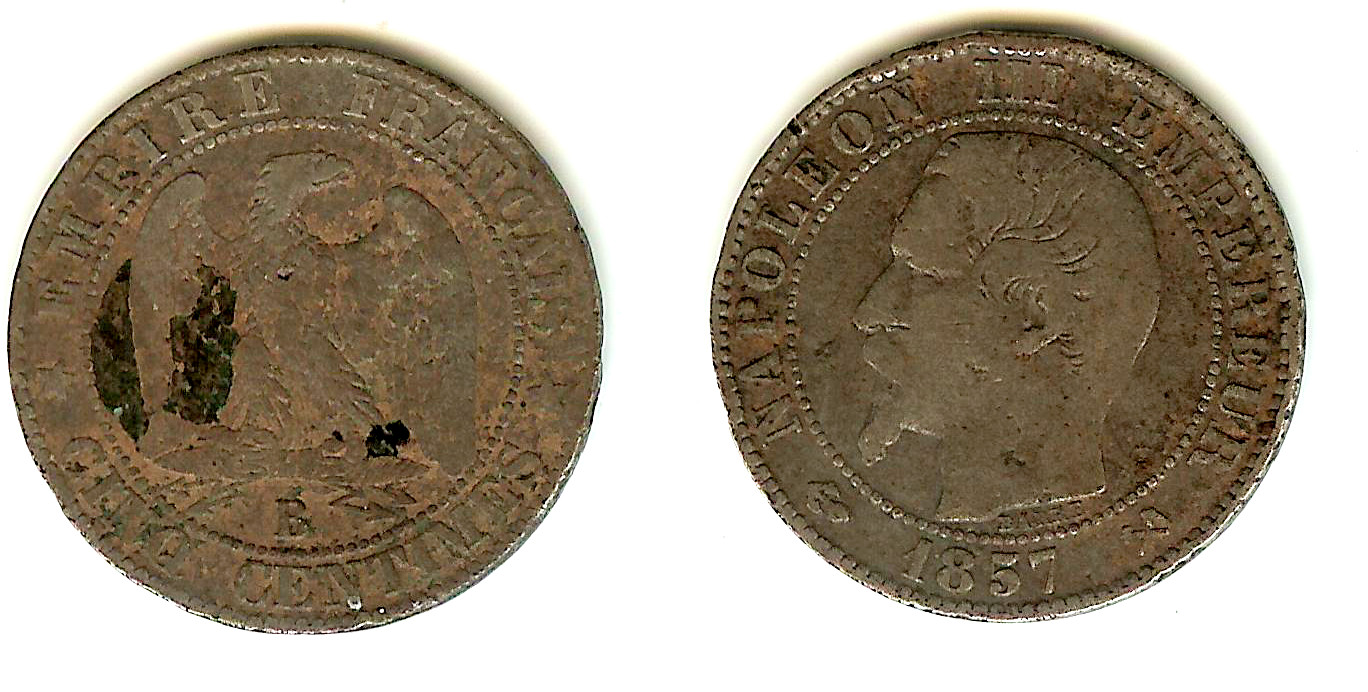 Cinq centimes Napoléon III, tête nue 1857 Rouen TB